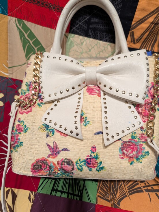 Betsey Johnson Handbags - Betsey Johnson Cream&Pink With White Bow Accent Floral Straw Tote/Shoulder Bag.